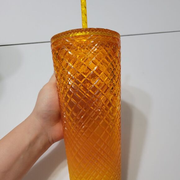Starbucks Studded Tumbler 2022 Dining Orange Disco Grid Prism Venti 24 oz Cup - Picture 9 of 12